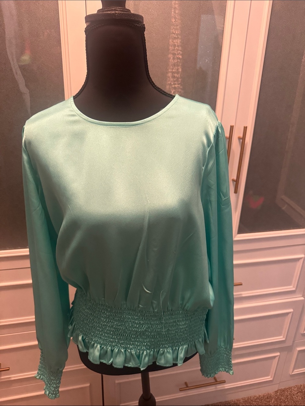 Ann Taylor Teal Satin Blouse with Smocked Hem